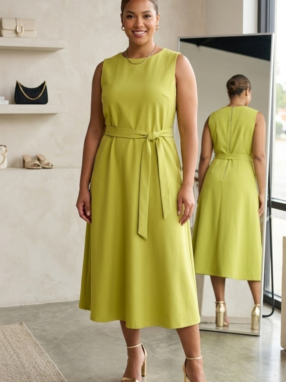 Calvin Klein Sleeveless Midi Dress in Chartreuse Green